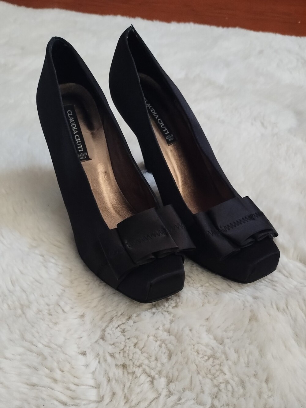 Claudia Cuti Black Satin Peep-Toe Pumps with Bow Accent